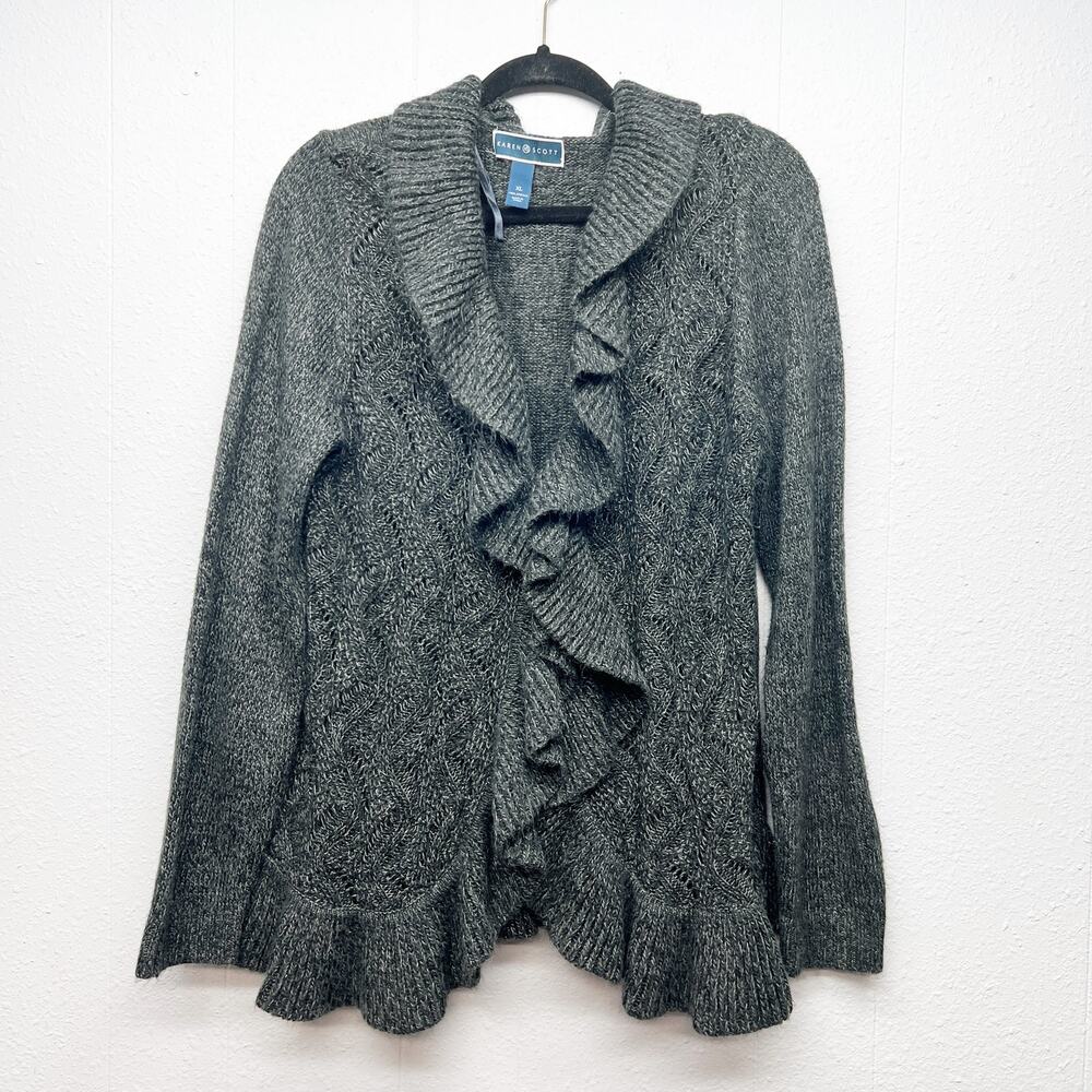 Karen Scoot Ruffle Trim Gray Cardigan Sweater Womens XL Outdoor Career Work Chic